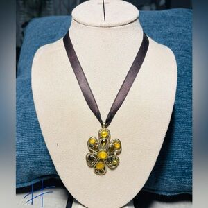 Beautiful Gold, Brown, Yellow Pendant on brown ribbon necklace